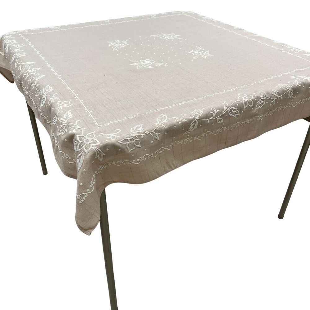 Vintage 50s Card Table Cloth 40x44 Beige with Cream Flocked Design Tone On Tone